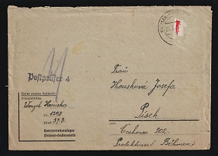 1941 (21 Feb) Third Reich, Germany, Cover from Weimar-Buchenwald concentration camp to Pisek, Bohemia and Moravia (now Czech Republic), camp number '1298', Block '37 B', with violet Camp censorship handstamp 'Postal censor 4', blue crayon postal marking, stamp removed by the censor in search of a concealed message