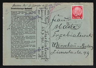 1941 Third Reich, Germany, Censored Cover from Gusen concentration camp in Oberdonau (Austria) to Warsaw-Belyany (Poland), camp number '3025', Block '5 B', franked with 12pf, with violet Camp censorship handstamp 'M./Gusen Censored', rectangular purple handstamp 'Receiving mail once a month' on the back side