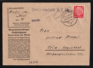 1939 (14 Oct) Third Reich, Germany, Censored Cover from Oranienburg-Sachsenhausen concentration camp to Cologne, camp number '2295', Block '25', franked with 12pf, with violet Camp censorship handstamp 'Postzensurstelle G. L. C. Censored', violet crayon postal marking