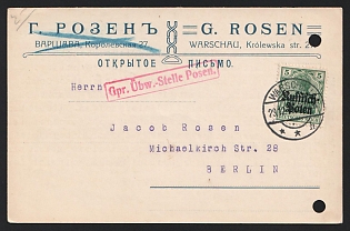 1915 (29 Dec) Poland, German Occupation, Germany, Censored Open Letter Postcard from Warsaw to Berlin franked with 5pf