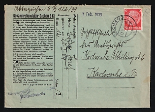 1939 (11 Feb) Third Reich, Germany, Censored Cover from Dachau Concentration Camp to Karlsruhe District Court Office, camp number '3602', Block '1', franked with 12pf, with violet Camp censorship handstamp 'Dachau Concentration Camp. Postal Censorship Office', handwritten note of a judicial and administrative case 'File number 6 B 122/39'