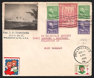 1953 (15 Dec) Chelm (Cholm), German Occupation of Ukraine, Germany, Underground Post, Cover by Captain Shramchenko from Philadelphia to Hamburg  with Christmas labels franked with 15gr Provisional issue, 2 x 1c and 2 x 3c United States stamps