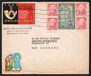 1952 Chelm (Cholm), German Occupation of Ukraine, Germany, Underground Post, Cover by Captain Shramchenko from Philadelphia to Hamburg with 'German Federal Post Office Philatelic Exhibition' label franked with 10gr Provisional issue and pairs of 2c United States stamps