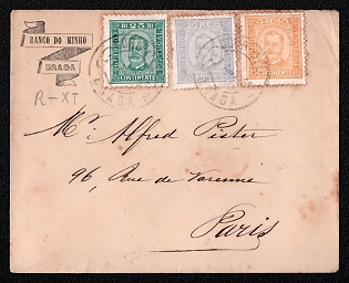 1895 (27 Aug) International cover from Braga (Portugal) to Paris (France), franked with 5r, 20r and 25r (Portugal), canceled by Braga postmark. Arrive in Paris August 30, 1895