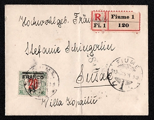 1919 (24 Jan) International registered cover Fiume (Fiume, Croatia) to Susak (Kingdom of Serbs, Croats and Slovenes), franked with Hungary 20f with black overprint "FIUME / FRANCO / 45", canceled by Fiume postmark. Arrive in Susak January 25, 1919