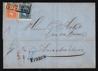 1861 International letter sheet from Berlin (Prussia, Germany) to Amsterdam (Netherlands), franked with 2sgr and 3sgr (Prussia, Germany) canceled by rectangular black Berlin postmark, black straight-line "Franco" exchange office postmark on front. Arrive in Amsterdam 1861