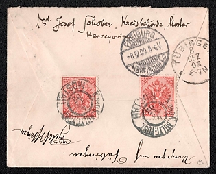 1902 (5 Dec) International military cover from Mostar (Bosnia and Herzegovina under Austro-Hungarian occupation) to Freiburg (Germany) later redirected to Tubingen, franked with two 10h (Bosnia and Herzegovina) canceled by Mostar "K. und K. / MILIT: POST". Deliver to Freiburg December 8, 1902 (adress crossed out), violet two-line German redirection instructional handstamp "nachzusenden / nach" with manuscript "Tubingen Deutschland" destination on front. Arrive in Tubingen December 8, 1902