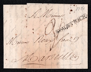 1781 Pre-philatelic stampless international disinfected letter sheet from Constantinople (Turkey) to Marseille (France), Via Austria black straightline "D'AUSTRICH" postmark on front, payment postmark handwritten rate probably "34". Manuscript forwarder notation "Pour d'un m.r Hen. Stamnitz a Vienne" on reverse. Arrive in Marseille August 25, 1781