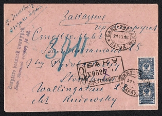 1916 (21 Oct) 'Baku - Enzel Parohod' Steamship Mail WWI Registered Censored Cover from Baku (Azerbaijan) to Stocckholm (Sweden) franked with pair 10k of Russian Empire issue, violet postmark 'Opened by military censorship. Caucasian Military Censor No. 43'