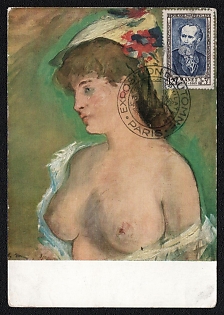 1954 (16 Oct) French Republic, 'Blonde with Bare Breasts' by Edouard Manet, Picture Postcard franked with 12fr+3fr tied by Paris Autumn Exhibition Commemorative Cancellation