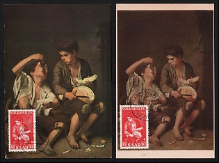 1954 -1955  Saarbrucken, Federal Republic of Germany, 'Children Eating Grapes and a Melon' by Bartolome Esteban Murillo Postal Picture Postcards franked with 10+6fr (Michel 354)