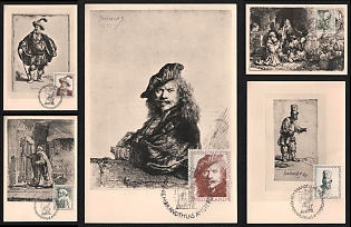 1956 (23 Apr) Amsterdam, Kingdom of the Netherlands, Paintings by Rembrandt Commemorative Picture Postcards totaly franked with 49c+29c tied by a special handstamp of 'Rembrandt year' (Michel 672-676)