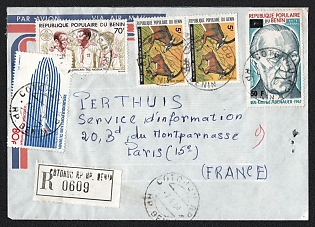 1980 (07 Mar) People's Republic of Benin, Commemorative Airmail Registered Cover from Cotonou (Benin) to Paris (France) totaly franked with 210fr (Michel 56, 93, 191, 198)