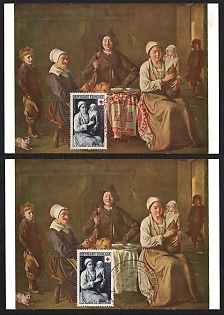 1953-1954 French Republic, Painting by Louis Le Nain Commemorative Picture Postcards franked with 2x15fr+5fr tied by Red Cross Organisation handstamp and special First Day handstamp