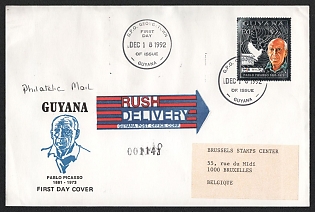 1992 (18 Dec) Co-operative Republic of Guyana, EXPO '92 Commemorative First Day Airmail Cover from Georgetown (Guyana) to Brussels (Belgium) via Great Britain franked with 800g$ of Pablo Picasso, EXPO emblem and dove of peace (Michel 3988) tied by special philatelic handstamp