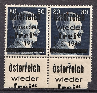 1945 80pf Losenstein Local Issue, Austria, Overprint on Hitler's head, Pair, Margin, Plate Numbers, Overprint extends onto Margin