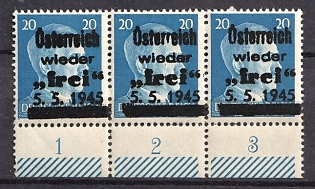 1945 20pf Losenstein Local Issue, Austria, Overprint on Hitler's head, Strip, Margin, Plate Numbers