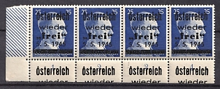 1945 25pf Losenstein Local Issue, Austria, Overprint on Hitler's head, Strip, Corner Margin, Plate Numbers, Overprint extends onto Margin