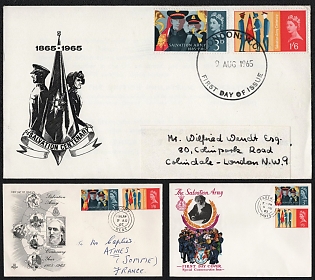 1965 (09 Aug)  United Kingdom of Great Britain and Northern Ireland, Salvation Army Centenary First Day Covers from London, Kent and Fareham  franked with Salvation Army stamps of 3d and 1s6d