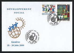 2000 (26-30 Jun) Swiss Confederation (United Nations Office at Geneva), UN Social Development in Geneva 26-30 June 2000 Commemorative Cover franked with social themes stamps 70s and 100fs