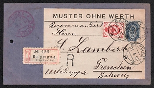 1907 (11 Apr) Russian Empire, Russia, Registered Parcel with sample without cost from Warsaw to Grenchen (Switzerland), with red registration label, handstamped registration marking 'R', franked with 3k, 10k