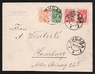 1911 (11 Nov) Russian Empire, Russia, Cover from Libau (Liepaja) to Hamburg (Germany), with violet handstamp 'Administration for the Affairs of the Joint-Stock Company of Libava Iron and Steel Works, former BOECKER & Co.' on the back side, franked with 1k, 2k, 3k, 4k