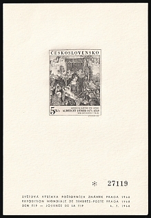 1968 'Feast of the Rosary Detail' by Albrecht Durer, Federation Internationale de Philatelie FIP Day, Czechoslovakia, Black Print Souvenir Sheet, Plate Number