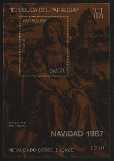 1987 100g Christmas, Republic of Paraguay, Airmail, Souvenir Sheet, Plate Number