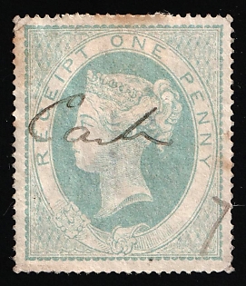 1853 1d Great Britain, Queen Victoria, Fiscal Stamp, Reversed Watermark, Unpriced