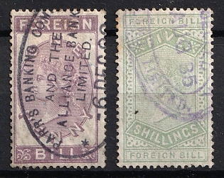 1885 Great Britain, Queen Victoria, Foreign Bill Revenue Stamps, 'Banking and Exchange Limited' Postmarks