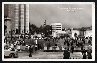 1937 'International Exhibition in Paris. General View of Warsaw Square', Third Reich Nazi Propaganda Picture Postcard franked with 30c french stamp tied by Exhibition Paris Postmark