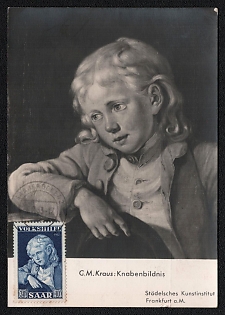 1953 Saar, Germany, 'Portrait of a Boy' by Georg Melchior Kraus, Picture Postcard franked with 30f+10f tied by Saarbrucken Cancellation