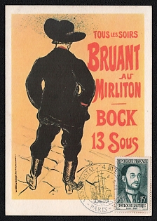 1958 French Republic, 'Bruant at the Mirliton', Picture Postcard franked with 35f+15f tied by Paris Commemorative Cancellation