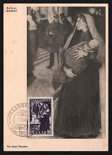1952 Saar, Germany, 'In Front of the Theater' by Arthur Kampf, Picture Postcard franked with 15f+5f tied by Saarbrucken Cancellation