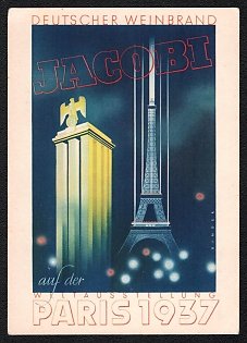 1937 'German Brandy Jacobi at the World Exhibition Paris. The German House and the Eiffel Tower', Third Reich Nazi Propaganda Advertising Picture Postcard'