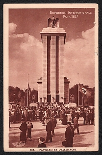1937 'International Exhibition in Paris. The German House, Architect: M. Speer', Third Reich Nazi Propaganda Picture Postcard franked with 30c french stamp tied by Exhibition Paris Postmark