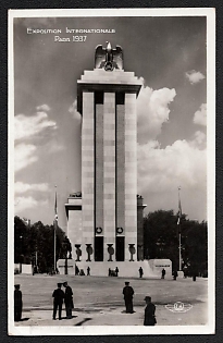 1937 'International Exhibition in Paris. The German House, Architect: M. Speer', Third Reich Nazi Propaganda Picture Postcard franked with 1fr french stamp tied by Exhibition Paris Postmark