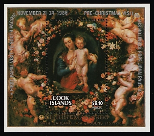 1986 Christmas, 'Virgin with Garland' by Rubens with First Papal Visit to South Pacific Overprint , Cook Islands, Souvenir Sheet