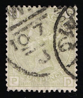 1877 4d Great Britain, Queen Victoria, Sage Green, Plate 15