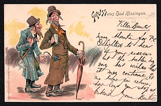 1911 (29 Aug), 'Greetings from Bad Kissingen', German Empire, German Anti - Semitic Picture Postcard franked with pair of 5pf from Bad Kissingen to Ostend (Belgium)