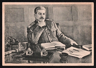 1949 (20 Dec), 'Portrait of Joseph Stalin in Generalissimo Uniform at His Desk', Italian Republic, Association Propaganda Picture Postcard with a Printed Congratulatory Message for Stalin's 70th Birthday stamped with a violet cachet 'Associione Culturale Circolo Andrej Zdanov Sezione Porto. Italia U.R.S.S.'