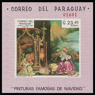 1969 Famous Christmas Paintings, Republic of Paraguay, Souvenir Sheet, Plate Number, Airmail
