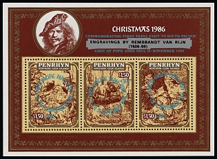 1986 Christmas, Engravings by Rembrandt van Rijn and Commemorating First Papal Visit to South Pacific Overprint, Penrhyn, Northern Cook Islands, Souvenir Sheet