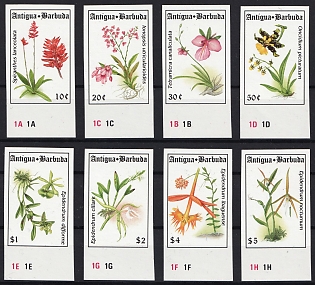 1994 Orchids, Antigua and Barbuda, Imperforate Variety, Margins with Color Code, Complete Set