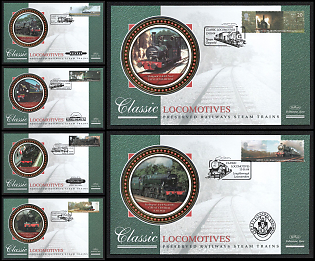 2004 (13 Jan) United Kingdom of Great Britain and Northern Ireland, 'Classic Locomotives: Preserved Railways Steam Trains', First Day Covers franked with 20p, 28p, 42p, 47p, 68p, E tied by Commemorative Cancellations, Small Thematic Collection