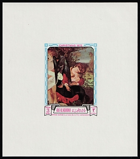 1972 3r Christmas, 'Rest on the Flight into Egypt' by Caravaggio, Emirate of Ras Al Khaimah (United Arab Emirates), Imporforate Proof Sheetlet