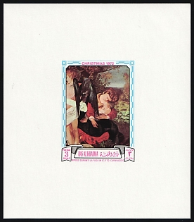 1972 3r Christmas, 'Rest on the Flight into Egypt' by Caravaggio, Emirate of Ras Al Khaimah (United Arab Emirates), Imporforate Proof Sheetlet