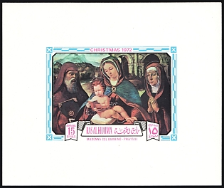1972 15r Christmas, 'Madonna and Child with Saints' by Andrea Previtali, Emirate of Ras Al Khaimah (United Arab Emirates), Imporforate Proof Sheetlet