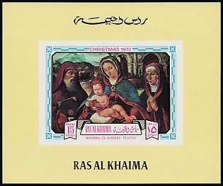 1972 15r Christmas, 'Madonna and Child with Saints' by Andrea Previtali, Emirate of Ras Al Khaimah (United Arab Emirates), Imperforate Proof Sheetlet