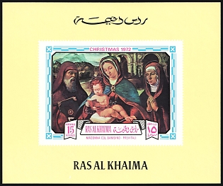 1972 15r Christmas, 'Madonna and Child with Saints' by Andrea Previtali, Emirate of Ras Al Khaimah (United Arab Emirates), Imperforate Variety Souvenir Sheet